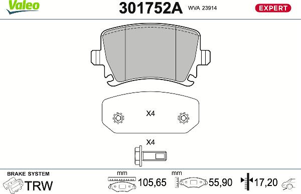 Valeo 301752A - Тормозные колодки, дисковые, комплект abcparts.ee