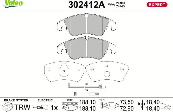 VALEO 302412A - Тормозные колодки, дисковые, комплект abcparts.ee