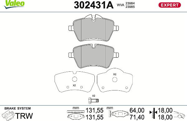 VALEO 302431A - Тормозные колодки, дисковые, комплект abcparts.ee