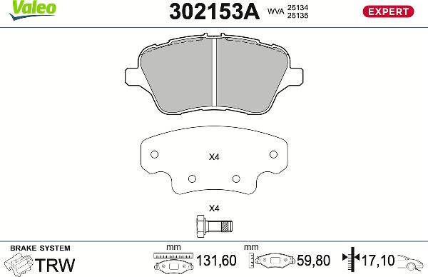 Valeo 302153A - Тормозные колодки, дисковые, комплект abcparts.ee
